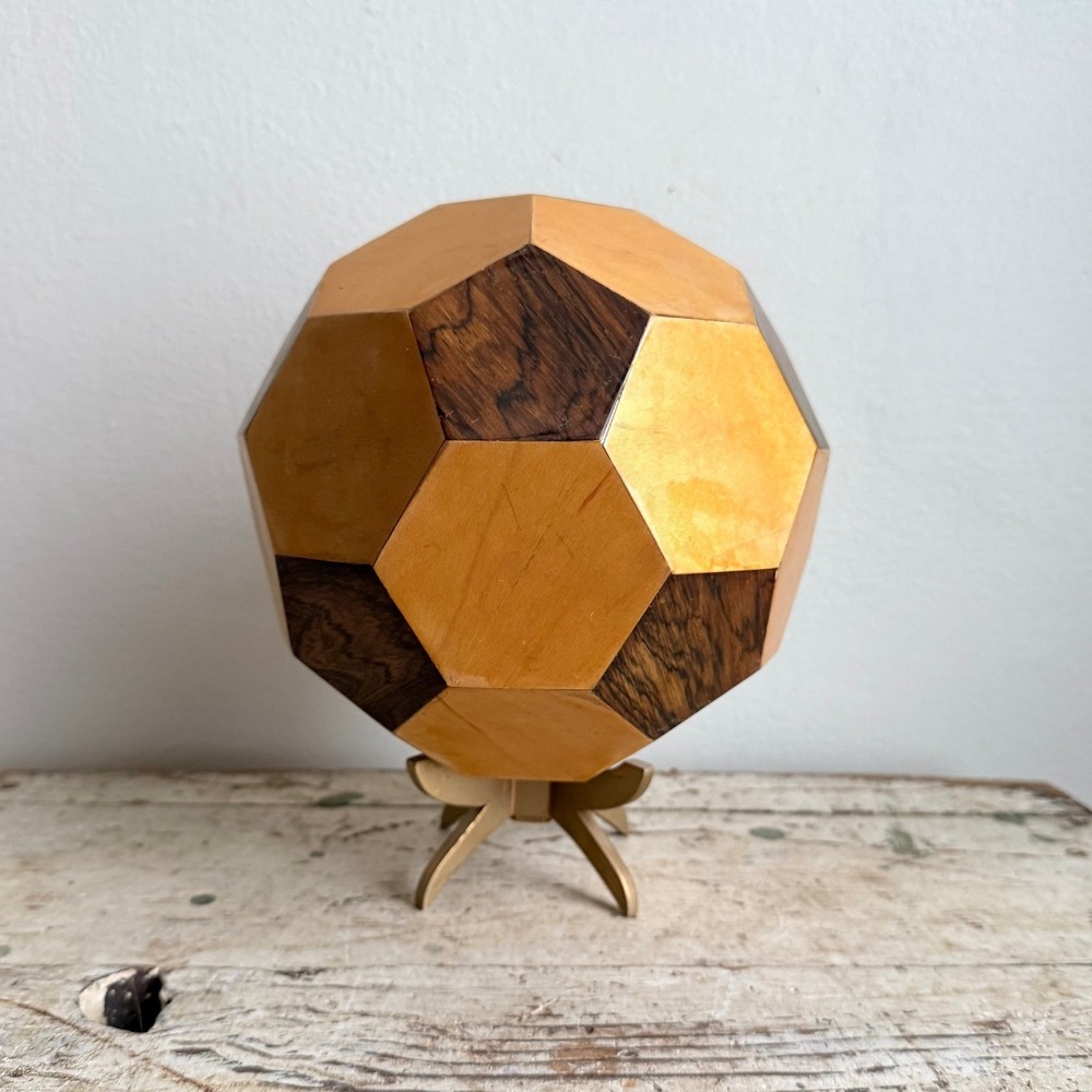 Handmade Walnut Oak Wood Geometric Sphere Soccer Ball Decor One of a Kind
